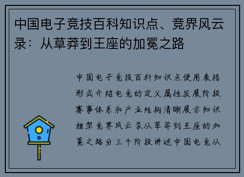 中国电子竞技百科知识点、竞界风云录：从草莽到王座的加冕之路